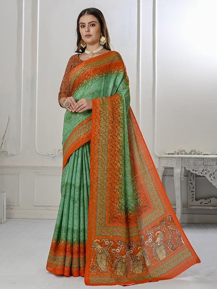 women green printed bordered saree with blouse - 21034006 -  Zoom Image - 0
