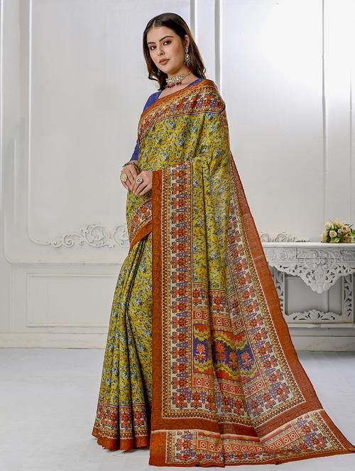 women olive floral printed saree with blouse - 21034007 - Standard Image - 0
