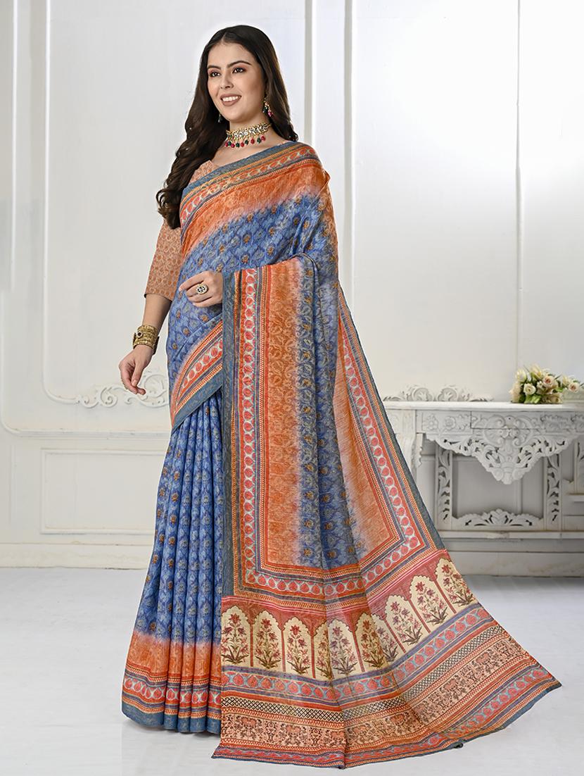 women light blue printed saree with blouse