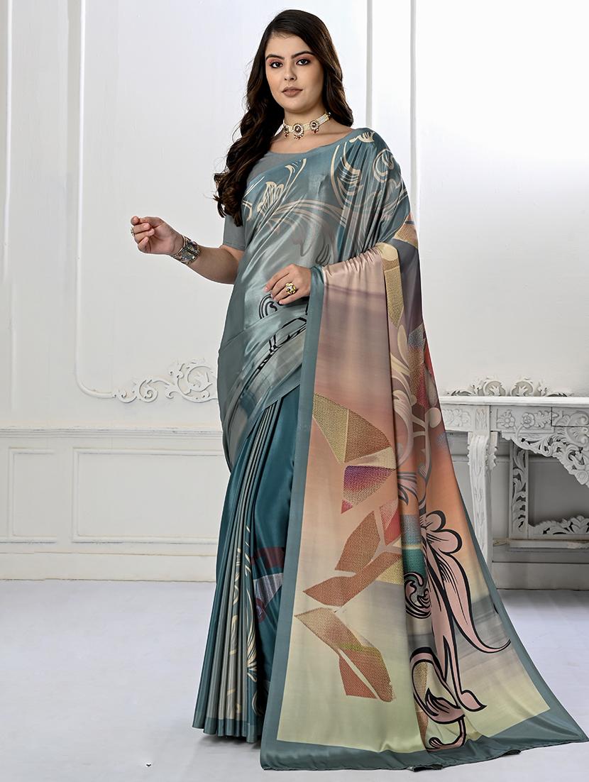 wome blue printed saree with blouse - 21034026 -  Zoom Image - 0
