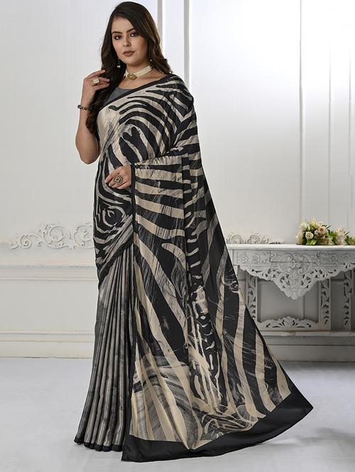 women black stripes printed saree with blouse - 21034032 - Standard Image - 0