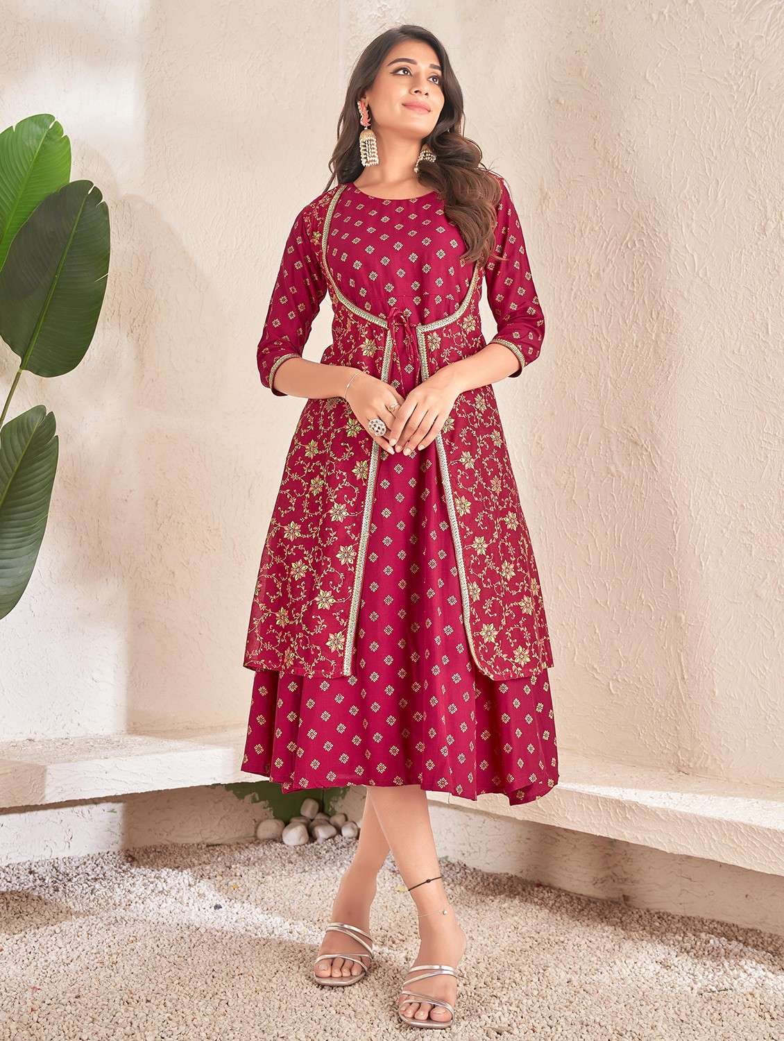 women magenta round neck a-line dress