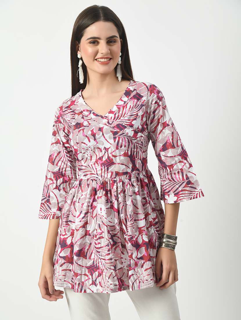 women tropical print cotton flared tunic