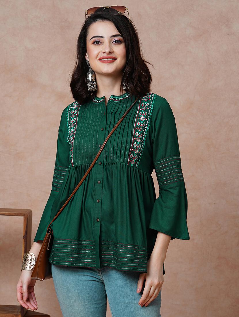 globus women green embroidered & accordion pleats yoke mandarin collar bell sleeves a-line tunic - 21034525 -  Zoom Image - 0