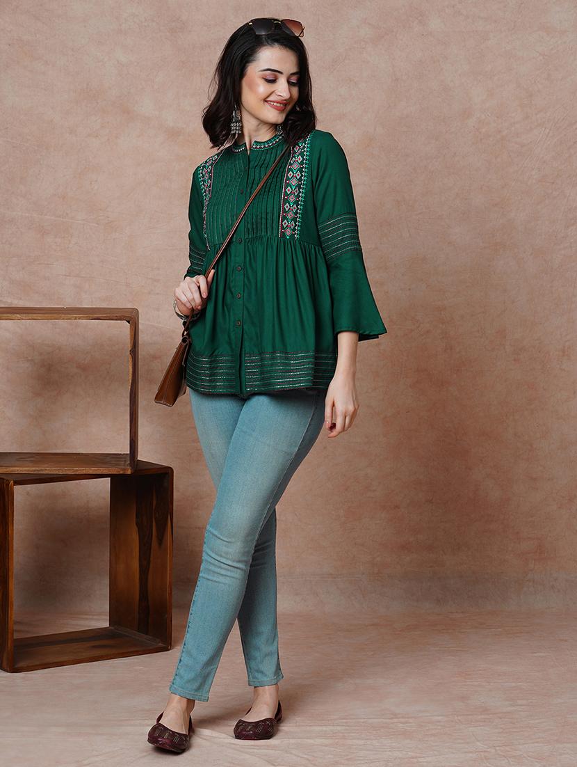 globus women green embroidered & accordion pleats yoke mandarin collar bell sleeves a-line tunic - 21034525 - Standard Image - 3