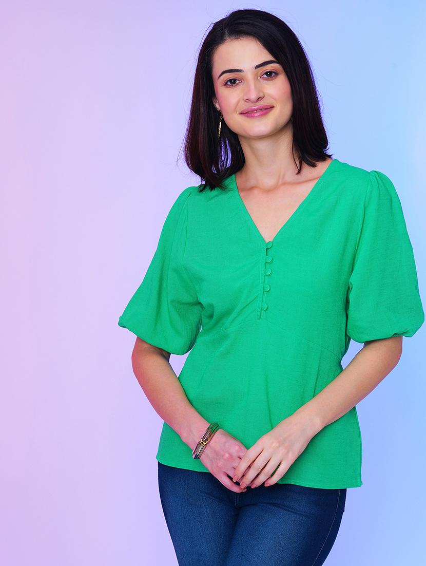 green solid viscose peplum top - 21034531 -  Zoom Image - 0