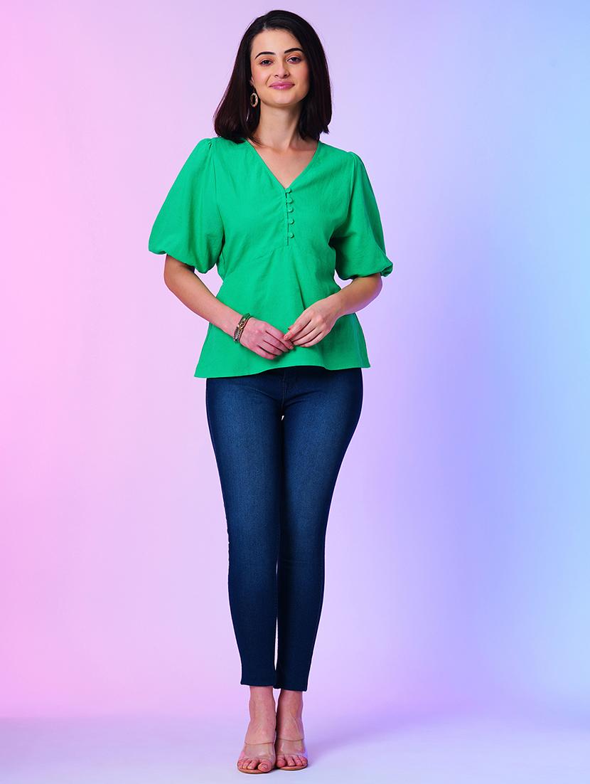 green solid viscose peplum top - 21034531 - Standard Image - 3