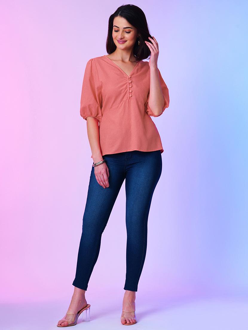 coral solid viscose peplum top - 21034532 - Standard Image - 3