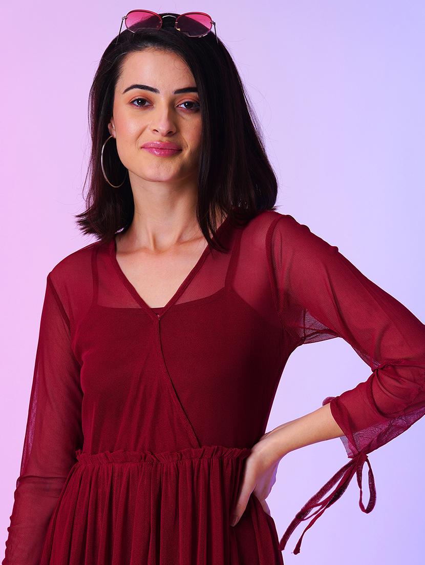 maroon net fit & flare dress - 21034549 - Standard Image - 3