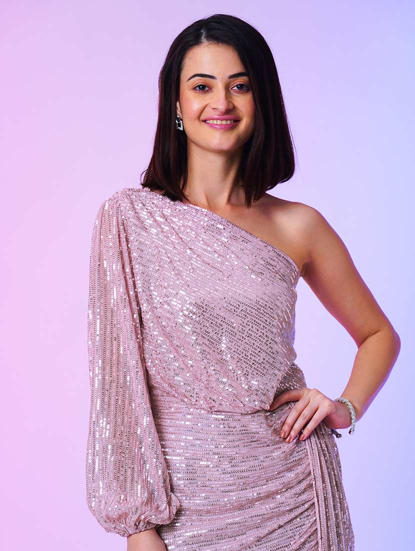 globus women pink sequinned tulip hem bodycon one shoulder party dress - 21034554 -  Standard Image - 3