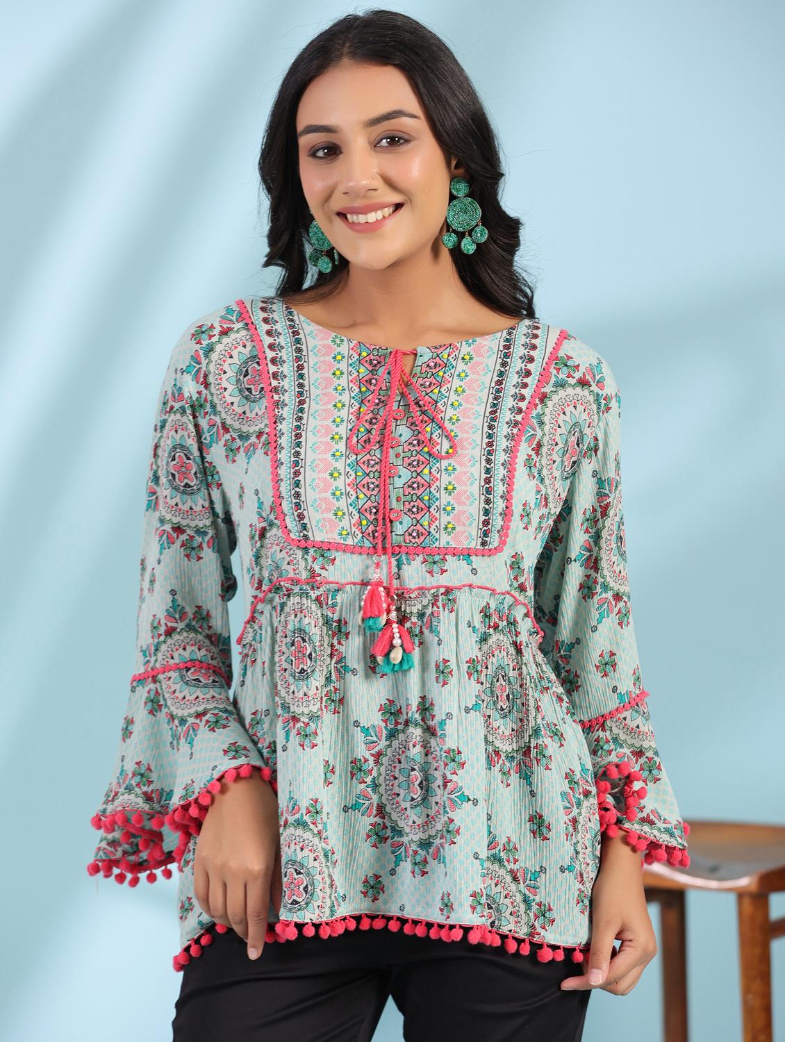 green printed detailed tunic top - 21034857 - Zoom Image - 0