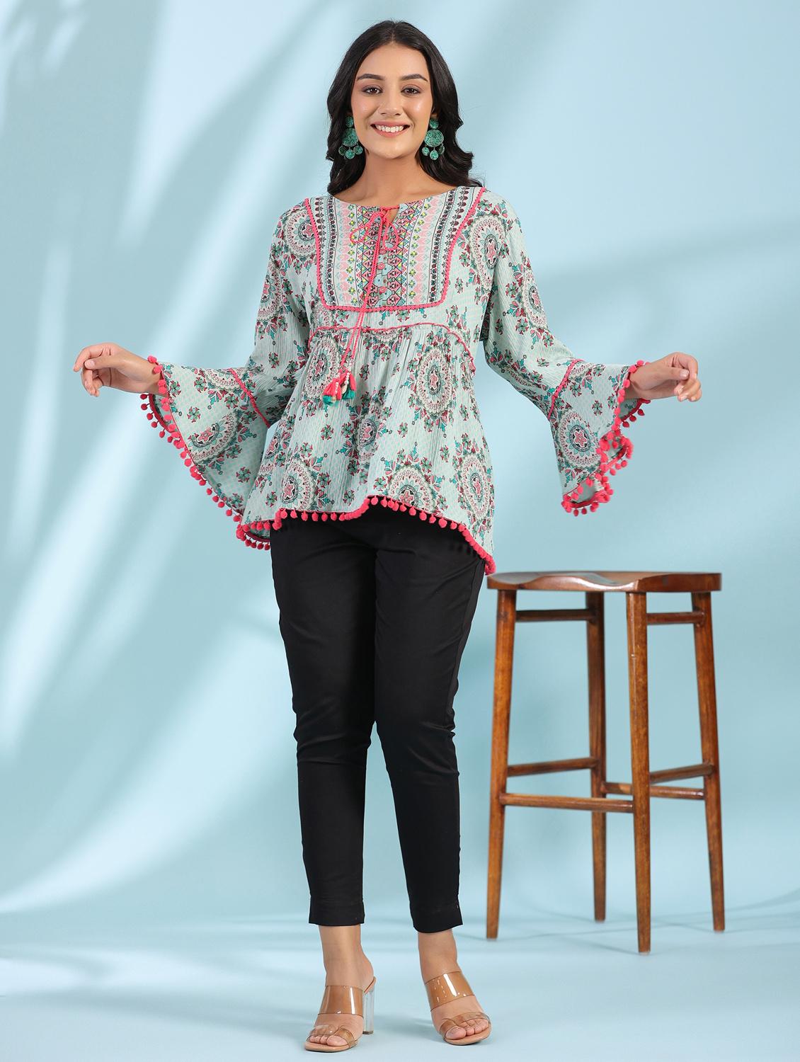 green printed detailed tunic top - 21034857 - Standard Image - 3