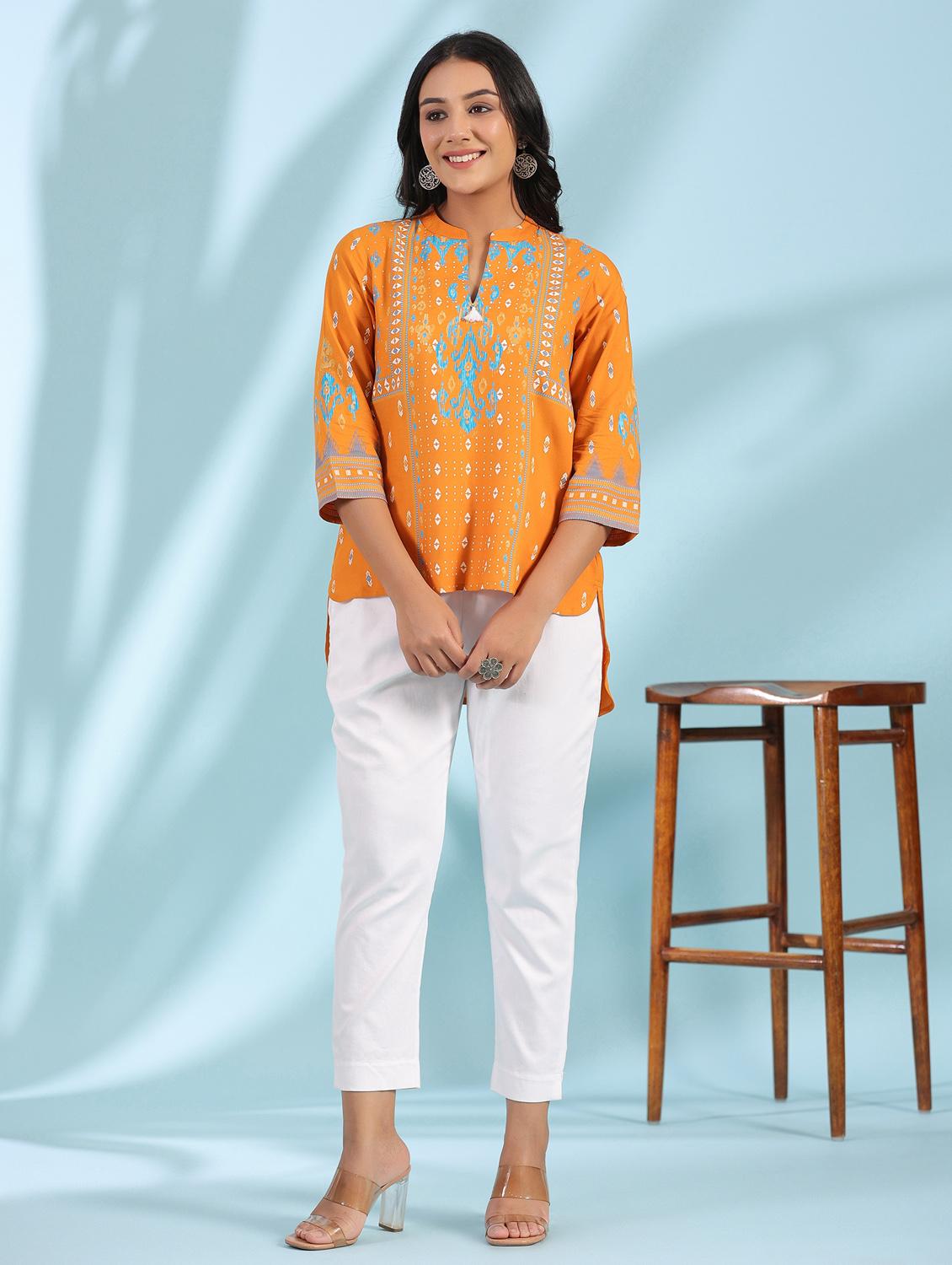 mustard rayon hi-low tunic - 21034863 - Standard Image - 3