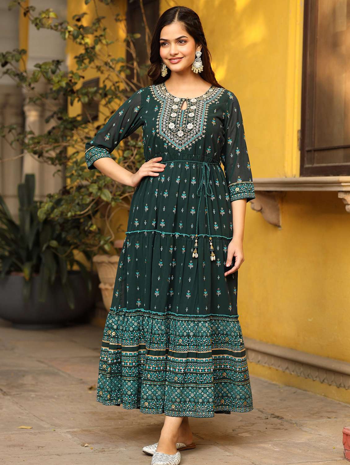 bottle green printed tiered ethnic dress