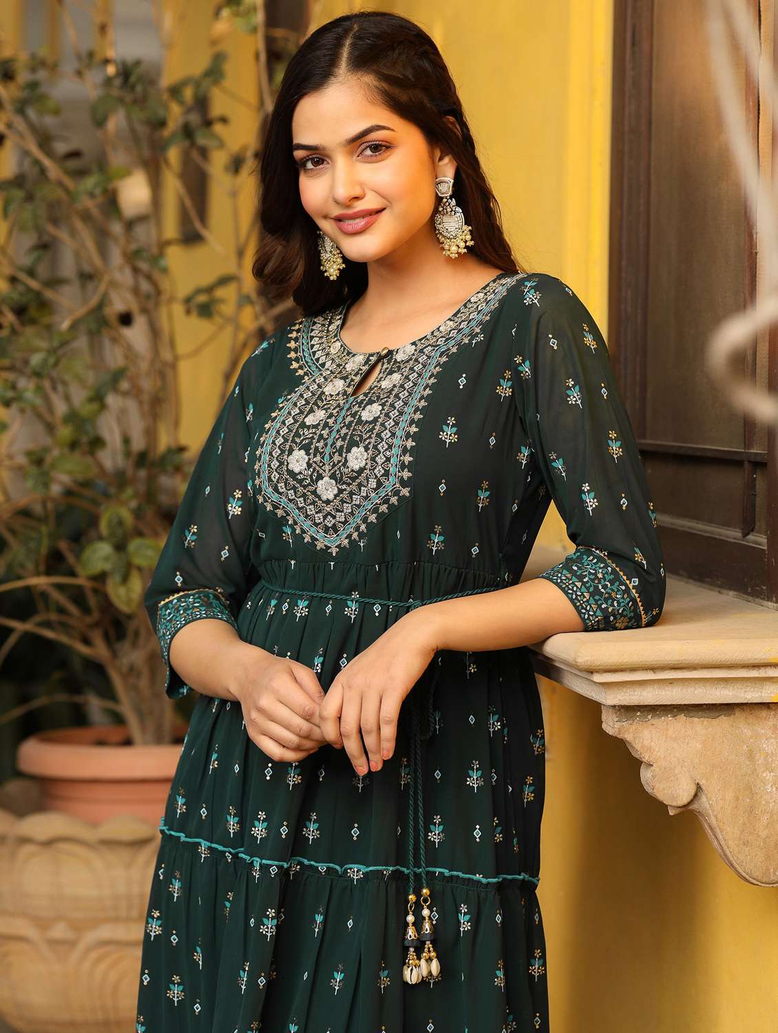 bottle green printed tiered ethnic dress - 21034894 -  Standard Image - 3