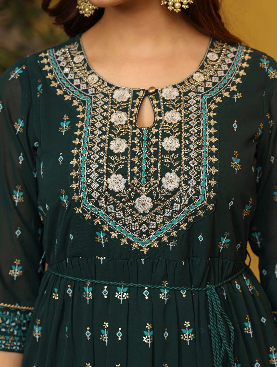 bottle green printed tiered ethnic dress - 21034894 -  Standard Image - 5