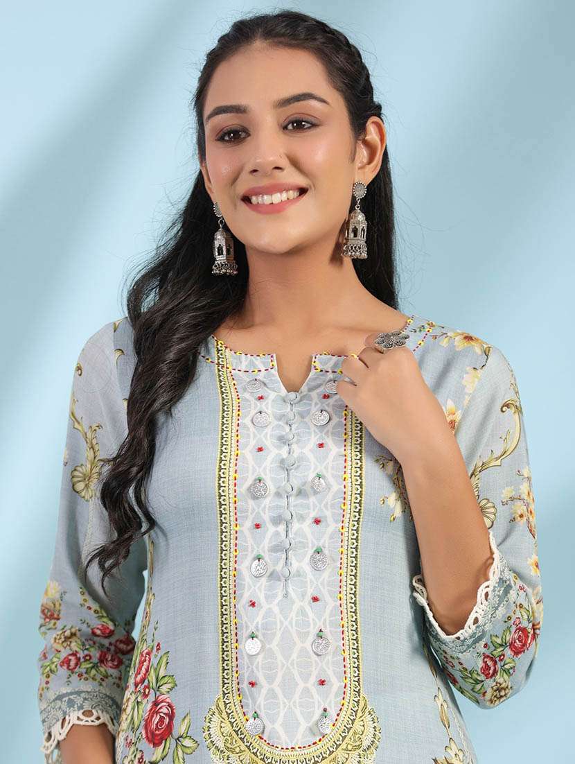 grey three quarter sleeve straight kurta - 21034951 -  Standard Image - 3