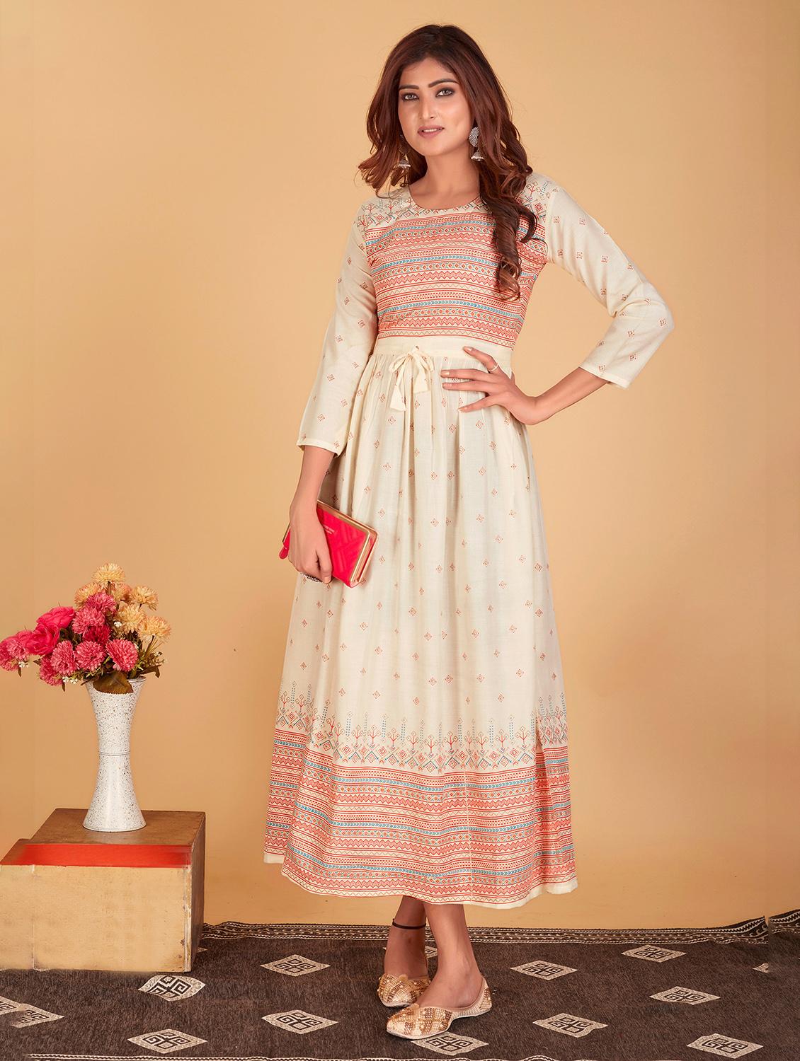 cream cotton blend flared kurta - 21034961 - Zoom Image - 0