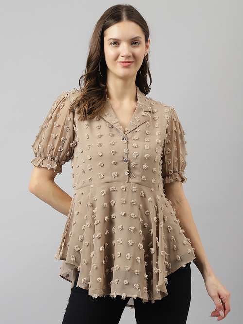 women beige puff sleeves a-line top - 21036529 - Standard Image - 0