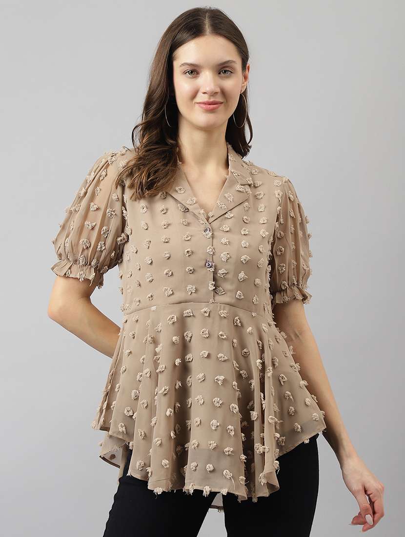 women beige puff sleeves a-line top - 21036529 - Zoom Image - 0