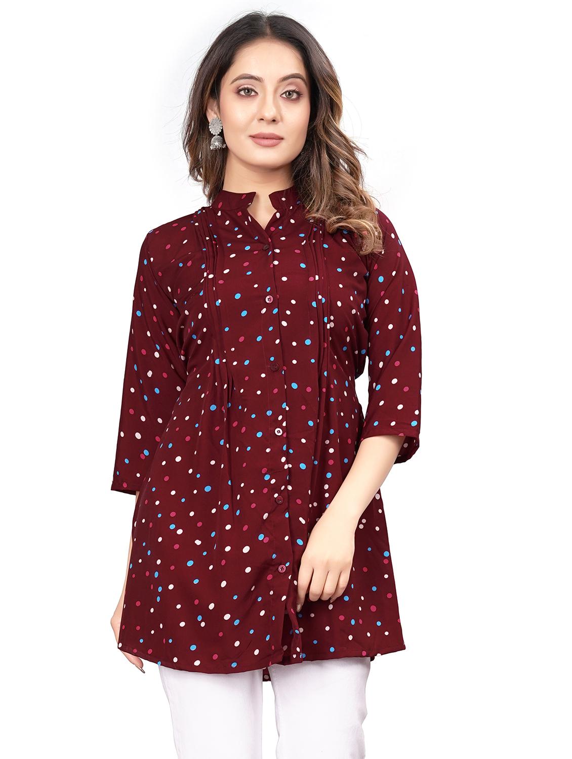 maroon printed detailed tunic top - 21037228 -  Zoom Image - 0