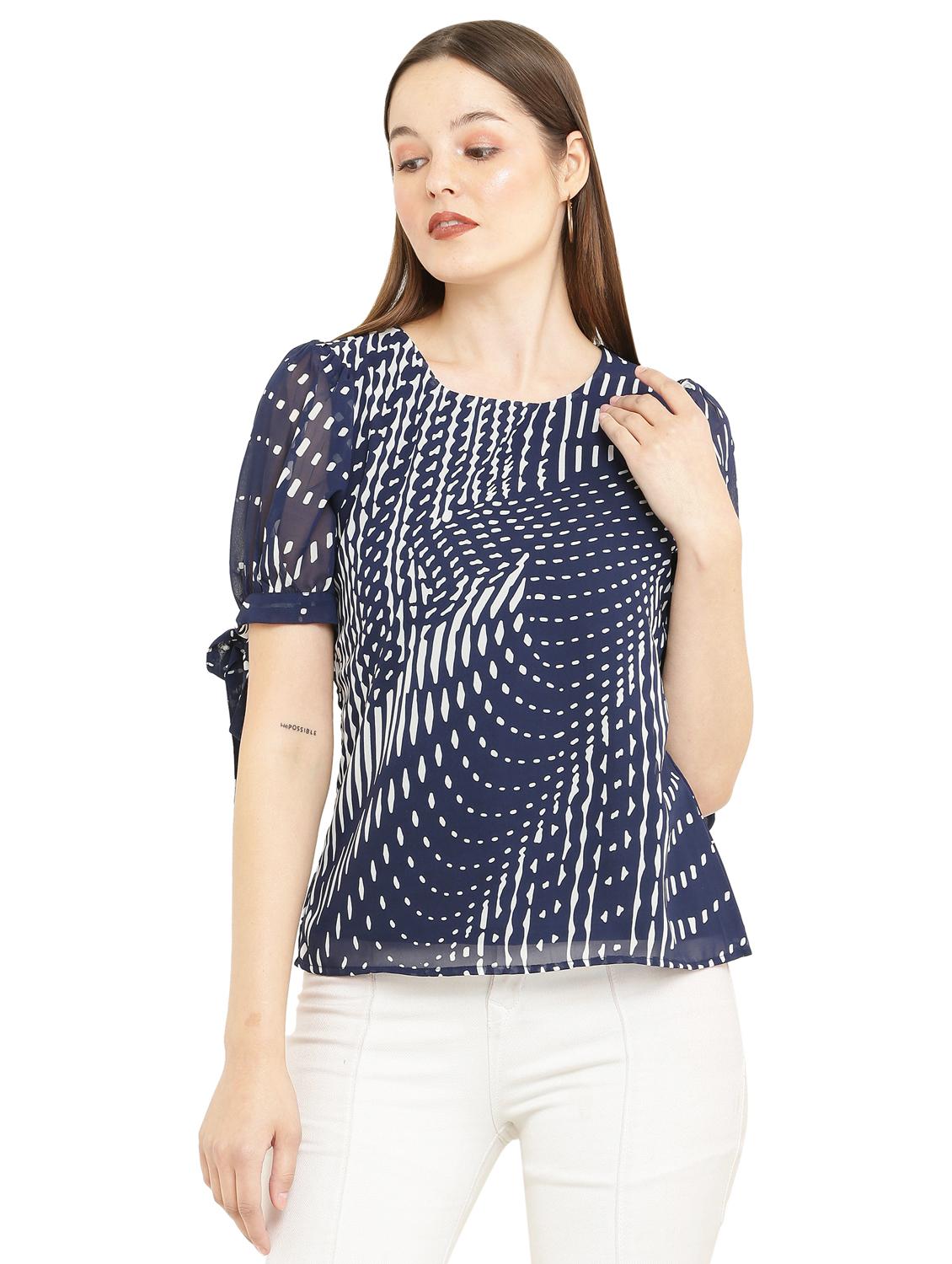 blue printed round neck top - 21037493 - Zoom Image - 0
