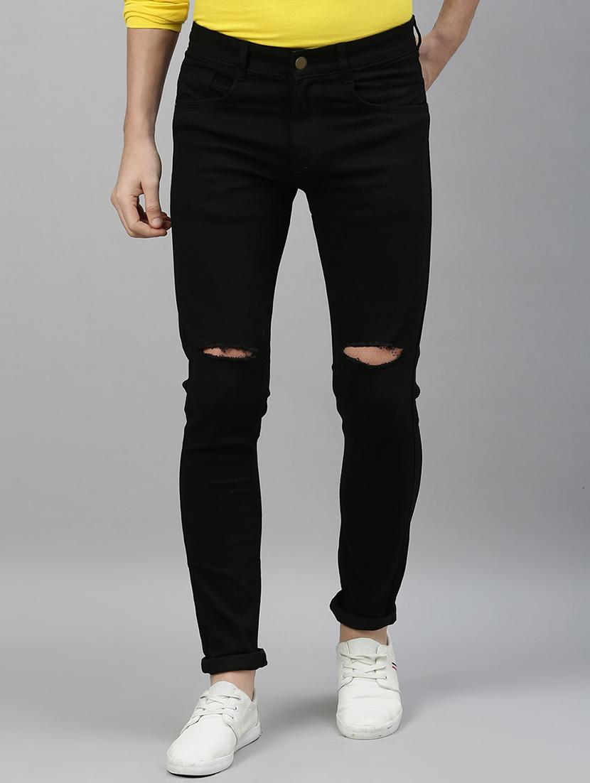 men black mid rise slash knee jeans