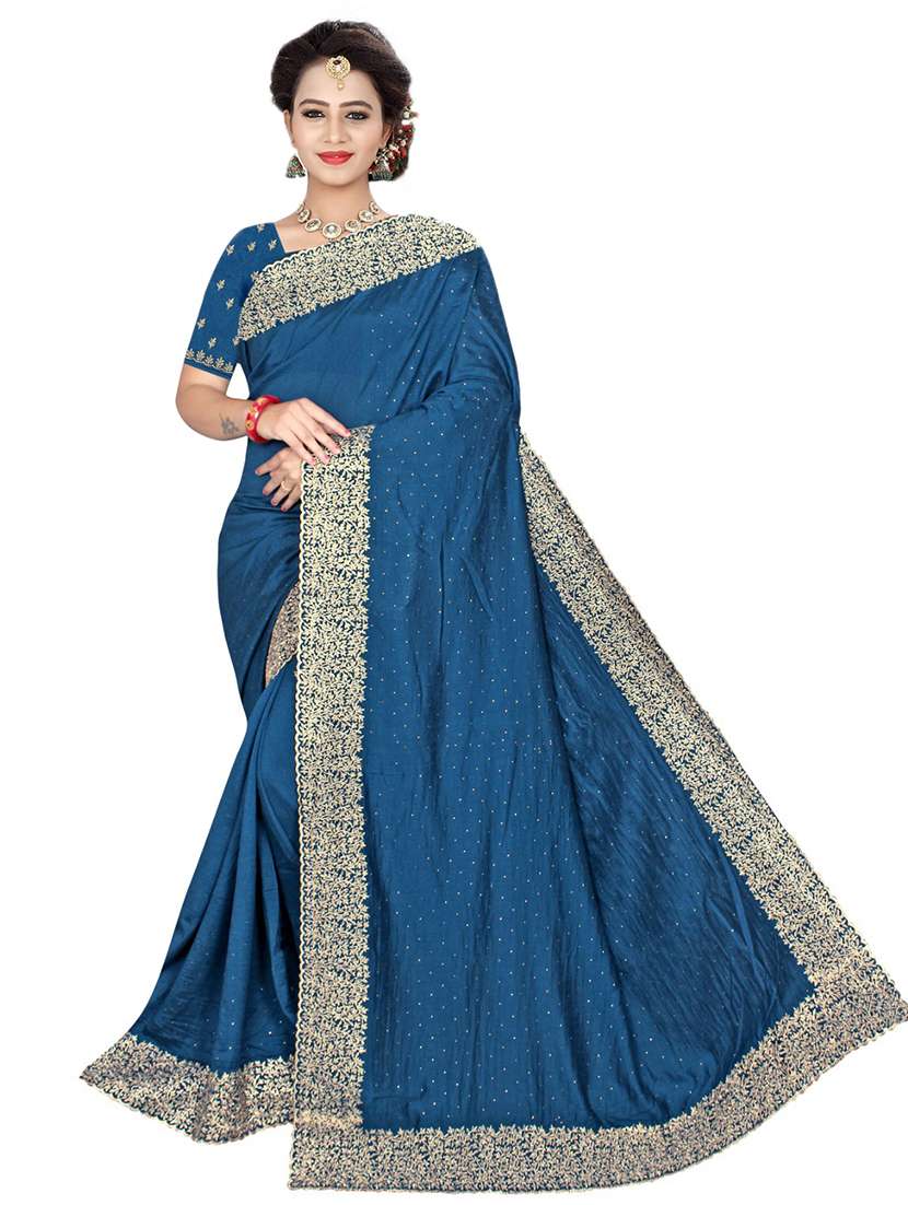 blue bordered embroidered saree - 21047962 - Zoom Image - 0