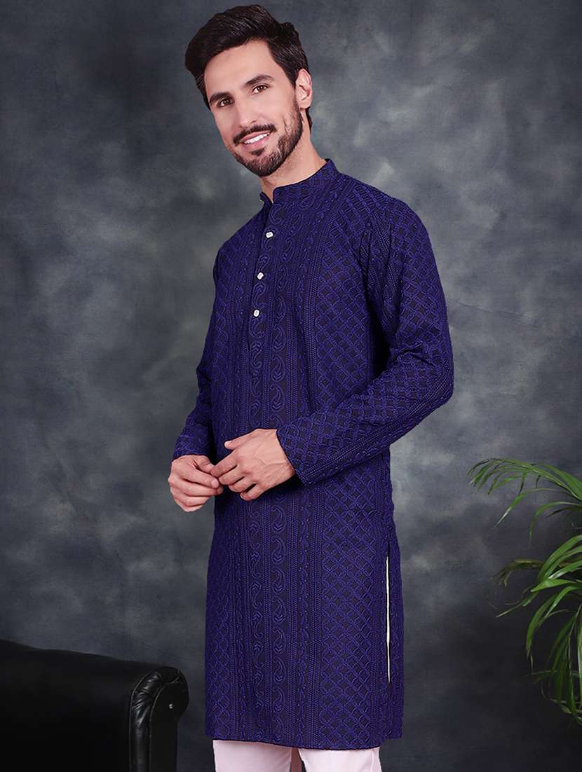men solid with work mandarin neck long kurta - 21049925 -  Standard Image - 3