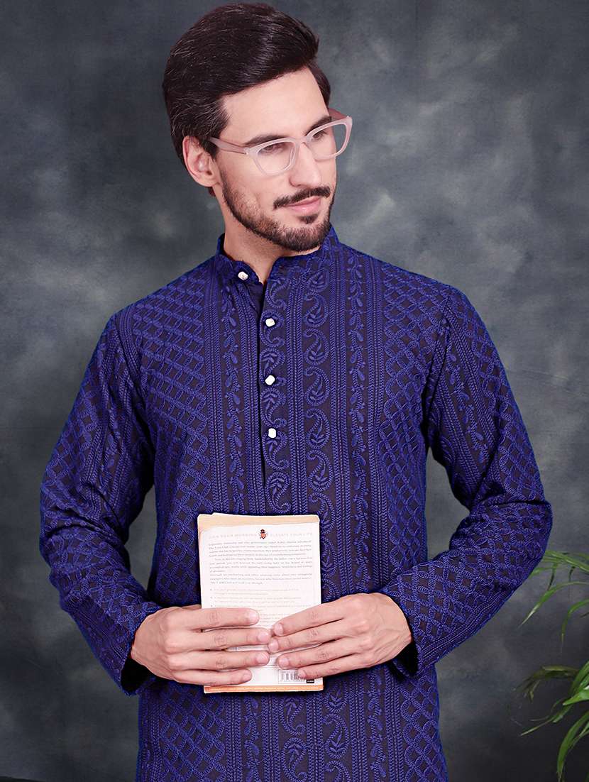men solid with work mandarin neck long kurta - 21049925 -  Standard Image - 5
