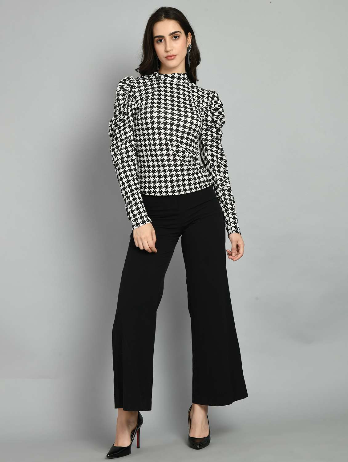 women mock neck houndstooth regular top - 21052582 -  Standard Image - 3