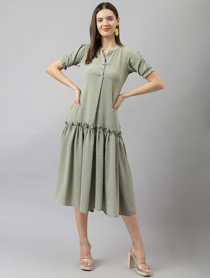 women olive stripes tiered dress