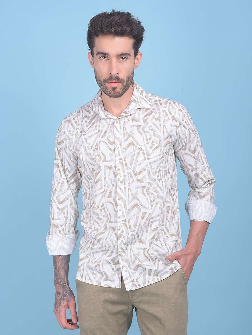 beige printed cotton casual shirt