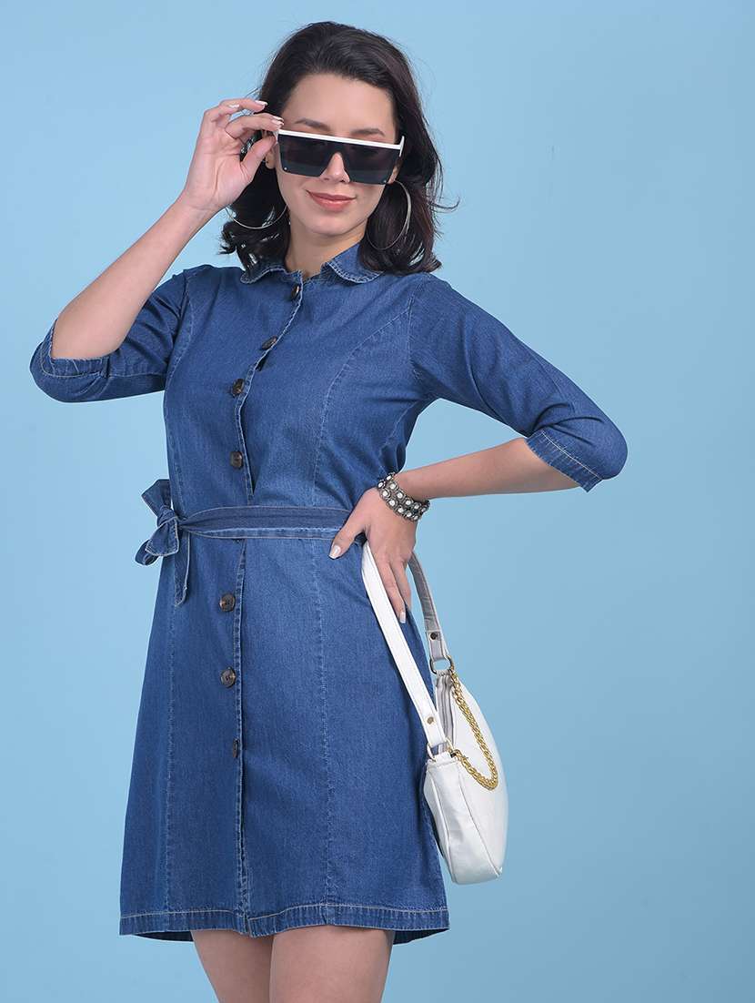 women solid blue detailed dress - 21054858 -  Standard Image - 3