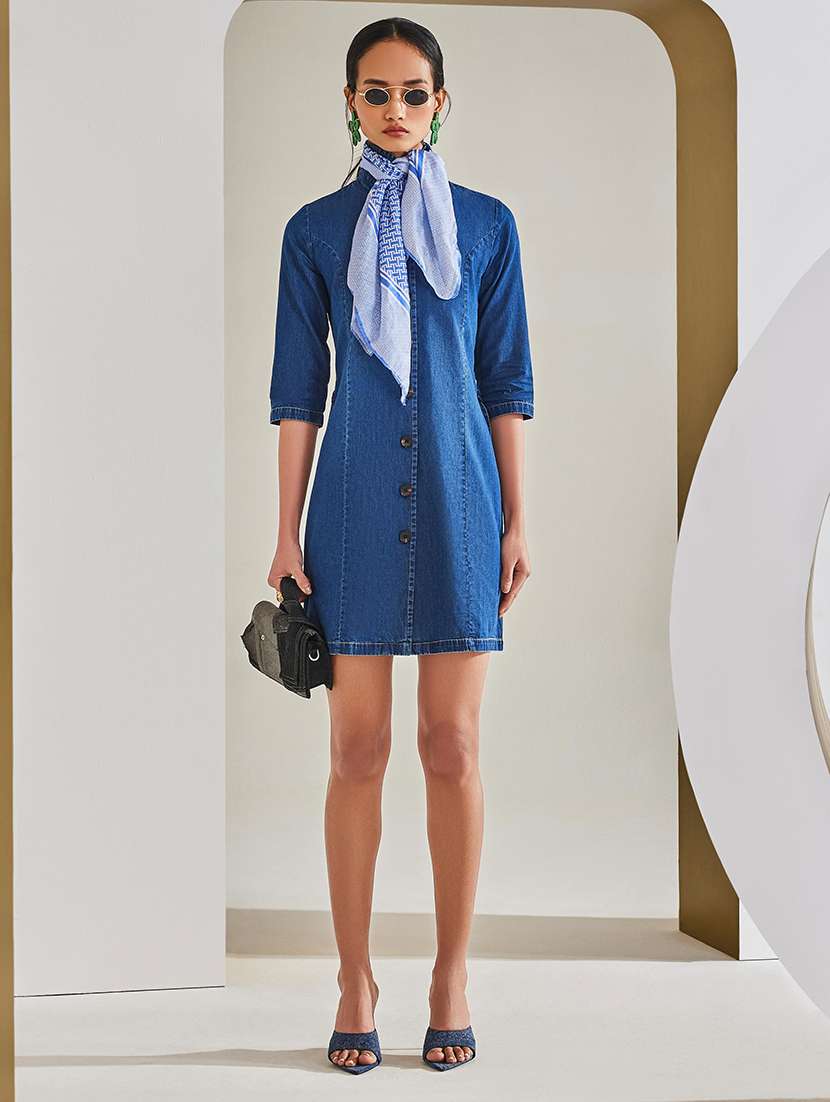 women solid blue detailed dress - 21054858 -  Standard Image - 5