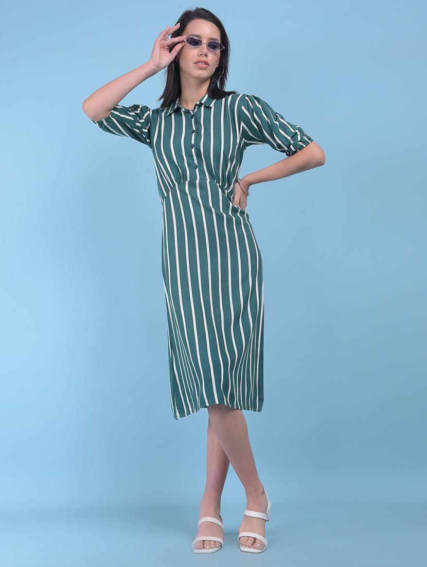 women green striped printed a-line dress - 21054875 - Standard Image - 3