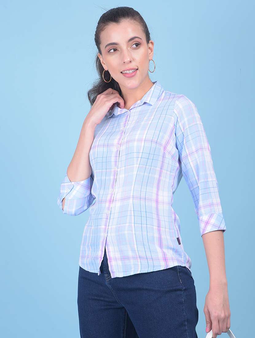 women light blue checked printed casual shirt