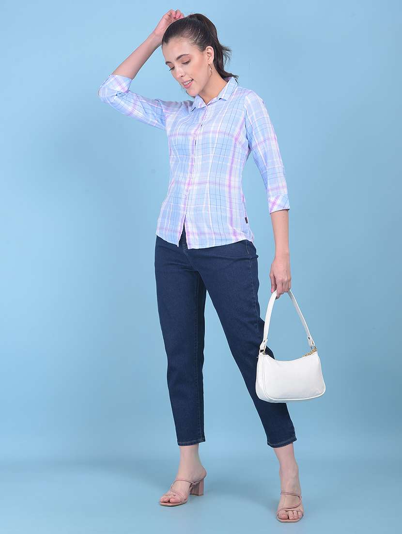 women light blue checked printed casual shirt - 21054906 -  Standard Image - 3