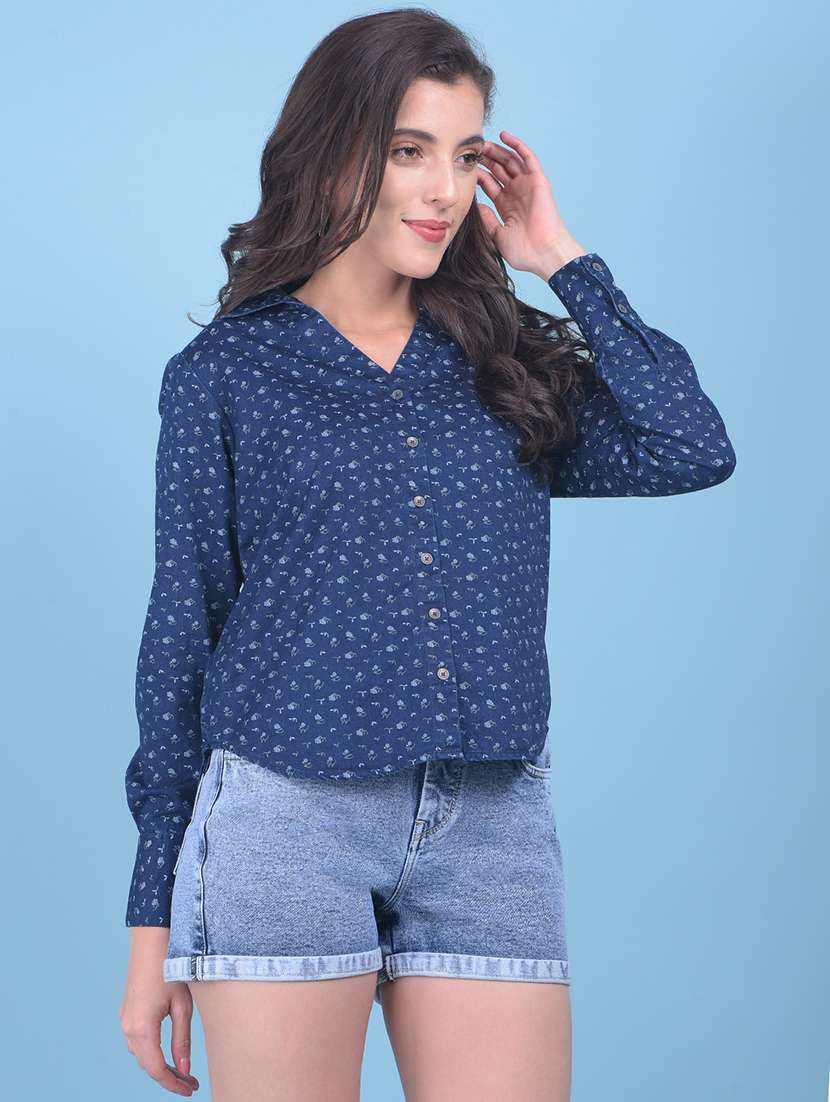 women navy blue floral printed shirt