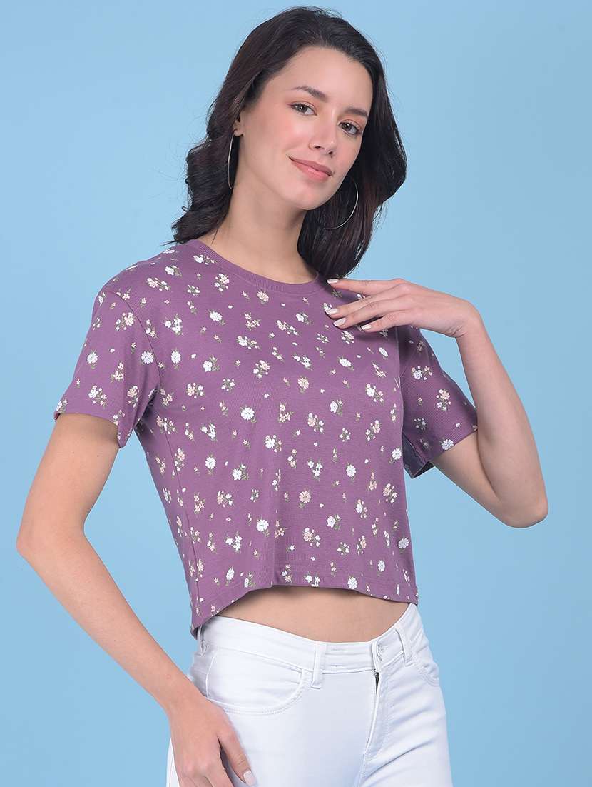 round neck floral printed crop t-shirt