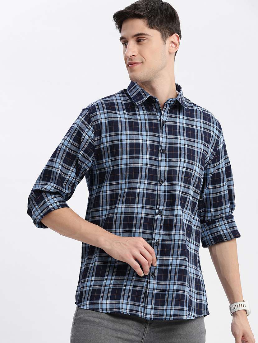 men navy blue regular fit long sleeve casual shirt - 21056150 - Zoom Image - 0