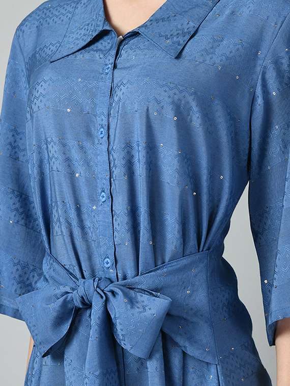 women blue self design shirt style dress - 21057806 -  Standard Image - 3