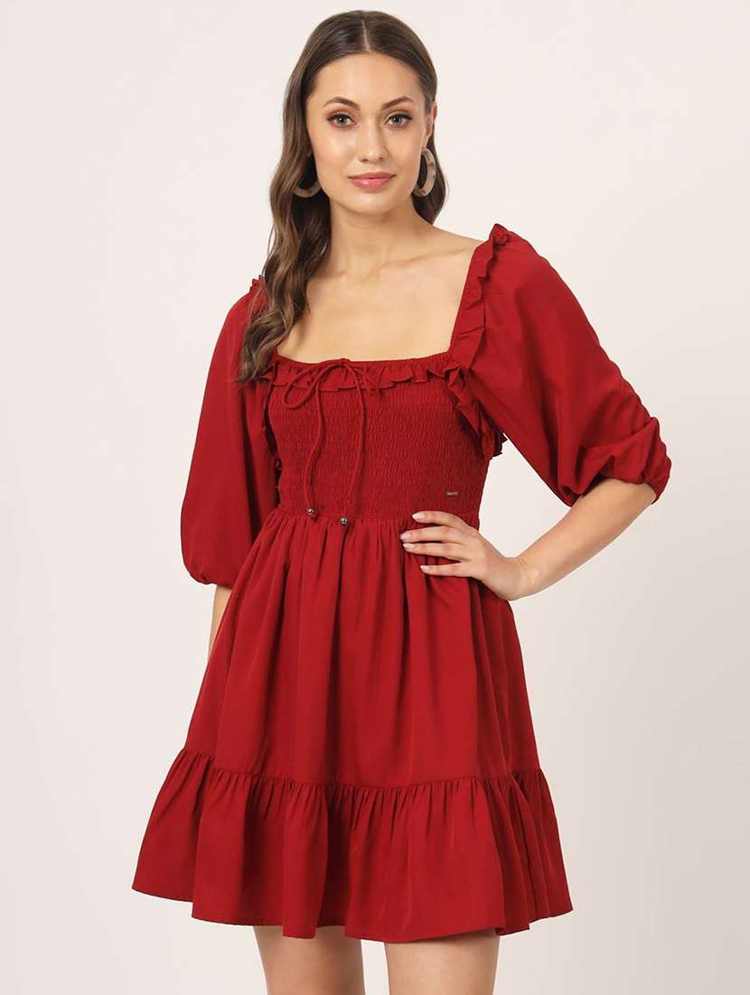 women solid red smocked dress - 21057864 - Zoom Image - 0