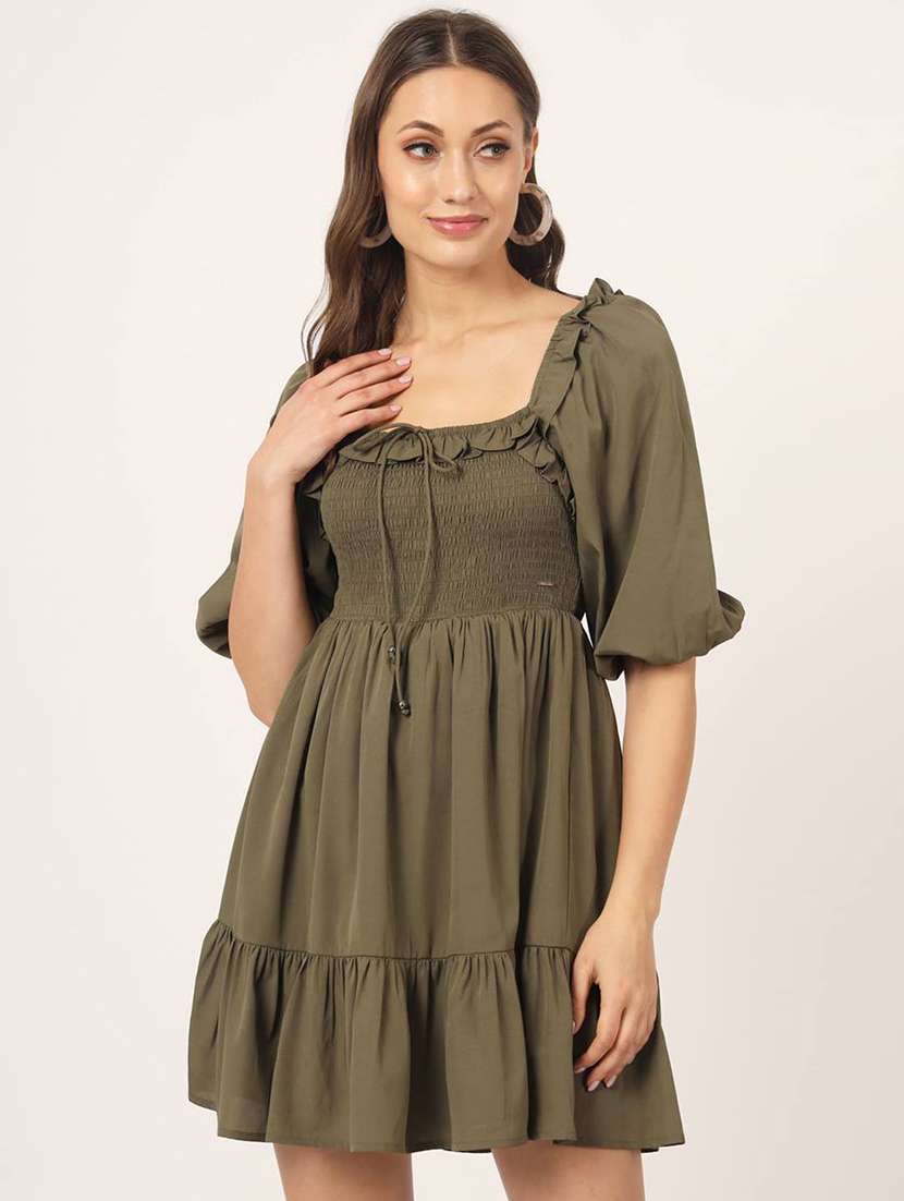 women solid olive green smocked dress - 21057866 -  Zoom Image - 0