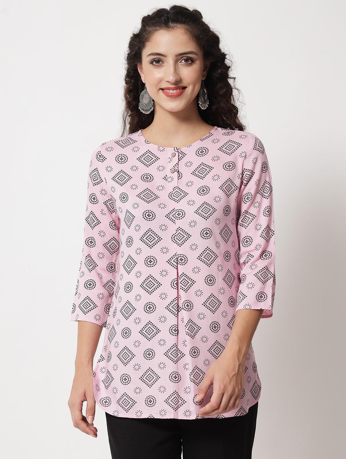 beige printed cotton short kurti - 21057941 - Zoom Image - 0