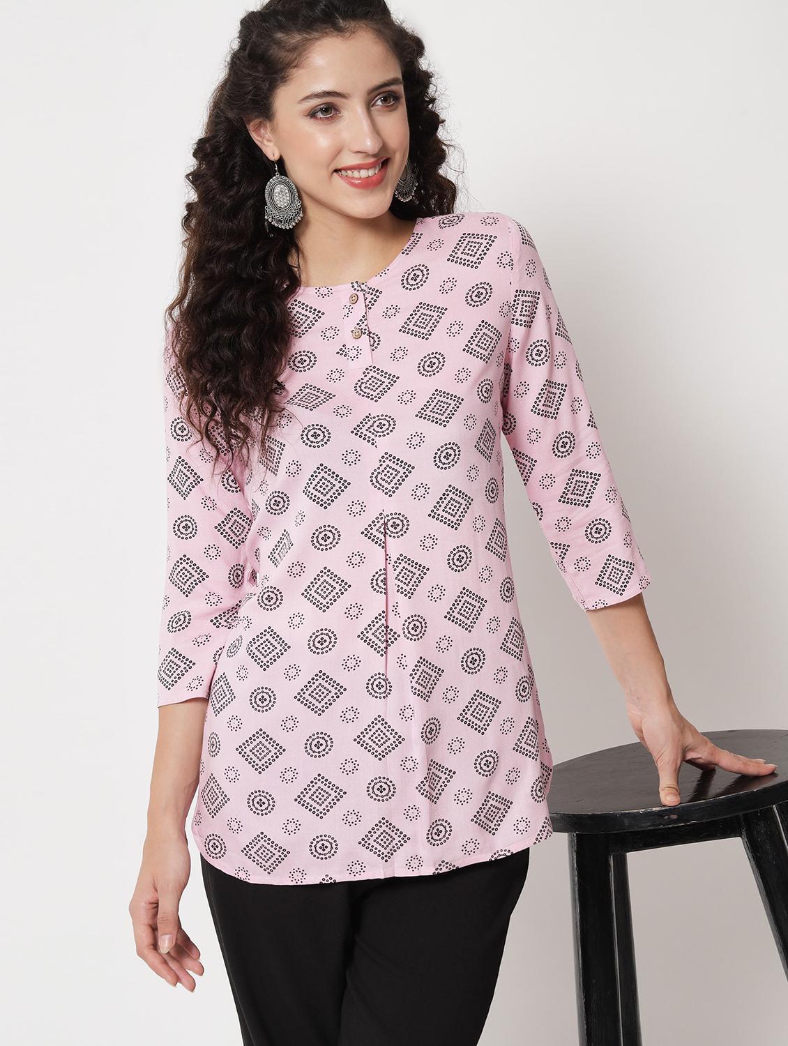 beige printed cotton short kurti - 21057941 - Standard Image - 3
