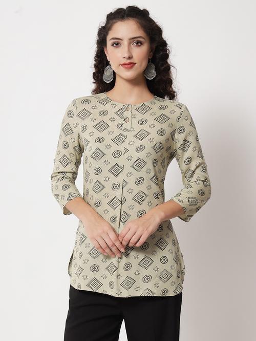 beige printed cotton short kurti - 21057942 -  Standard Image - 0