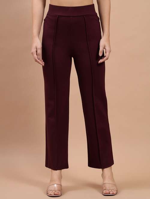 women solid maroon flat front trouser - 21058058 -  Standard Image - 0