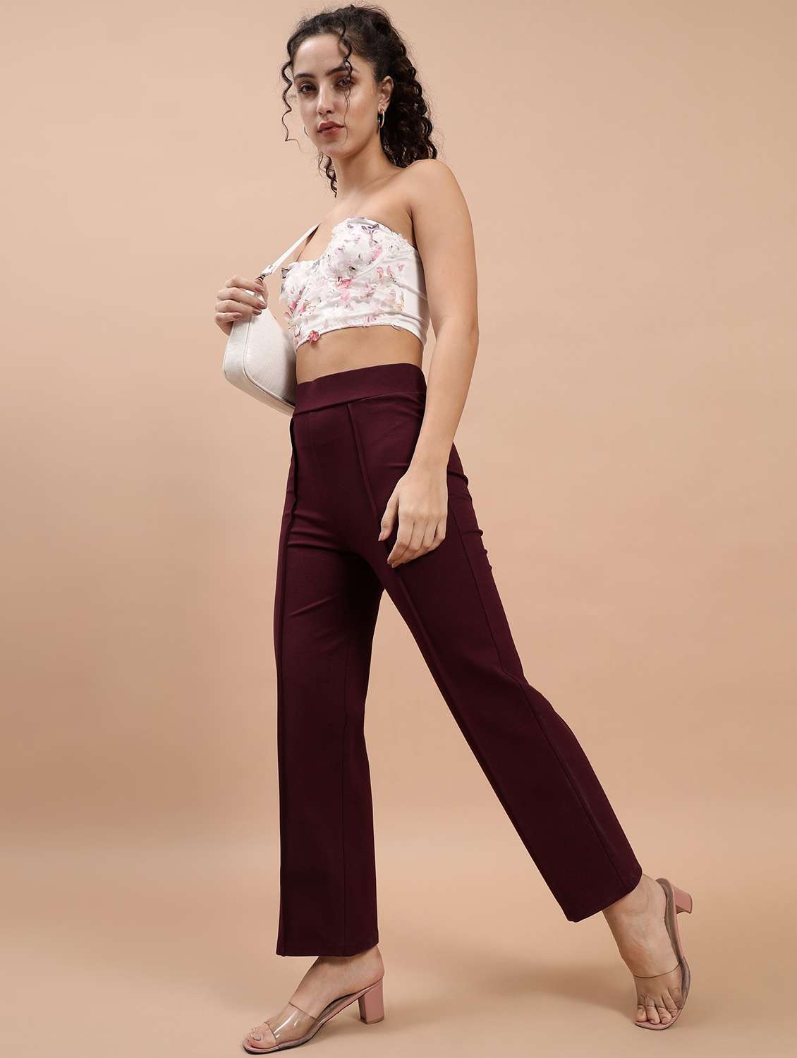 women solid maroon flat front trouser - 21058058 - Standard Image - 3