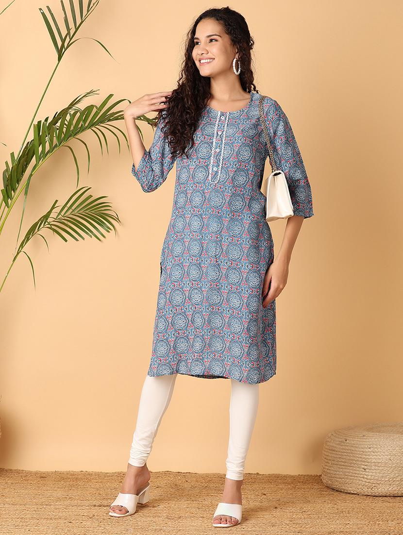 women blue printed a-line kurta - 21058301 - Standard Image - 3